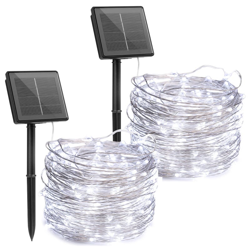 Brightown Outdoor Solar String Lights, 2 Pack 33 Feet 100 Led Solar Powered Fairy Lights with 8 Modes Waterproof Decoration Copper Wire Light for Patio Yard Trees Christmas Wedding Party (Pure White) - Image 1